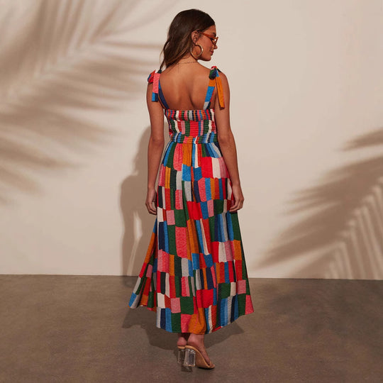 Damen Maxi-Kleid mit buntem Mosaik-Design R&B