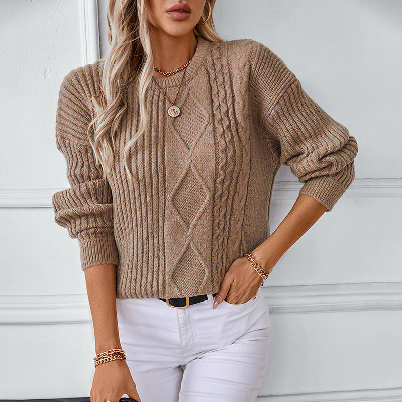 Damen modischer Strickpullover mit strukturierten Mustern und Rundhalsausschnitt