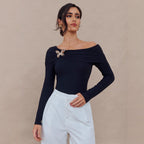 Damen nan schulterfreies drapiertes Langarmoberteil mit breitem Schalkragen und abnehmbarer Schmuckbrosche R&B