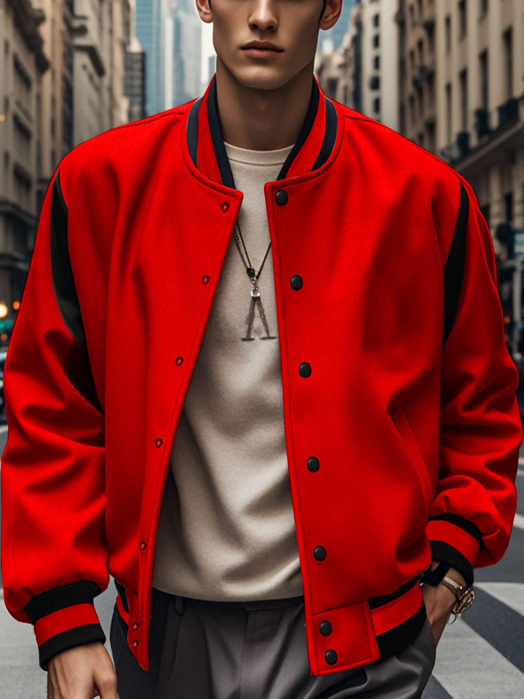 Herren nan leichte Collegejacke im Varsity-Look mit Druckknopfverschluss Rippbündchen und Kontrast-Schulterbesatz R&B