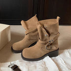 Damen Leder Stiefeletten mit dekorativem Riemen und robustem Blockabsatz