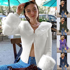 Damen Strickjacke mit luxuriösem Pelzkragen und modischen Puffärmeln R&B