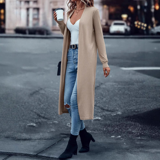 Damen nan langer Feinstrick-Cardigan im Duster-Stil mit offenem Fall und schmaler Ärmelpartie R&B