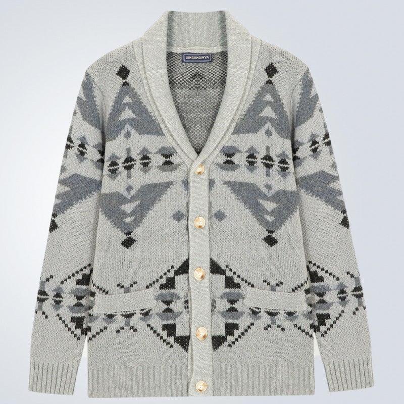 Herren Strickjacke mit geometrischem Muster und einem weichen, wärmenden Futter R&B