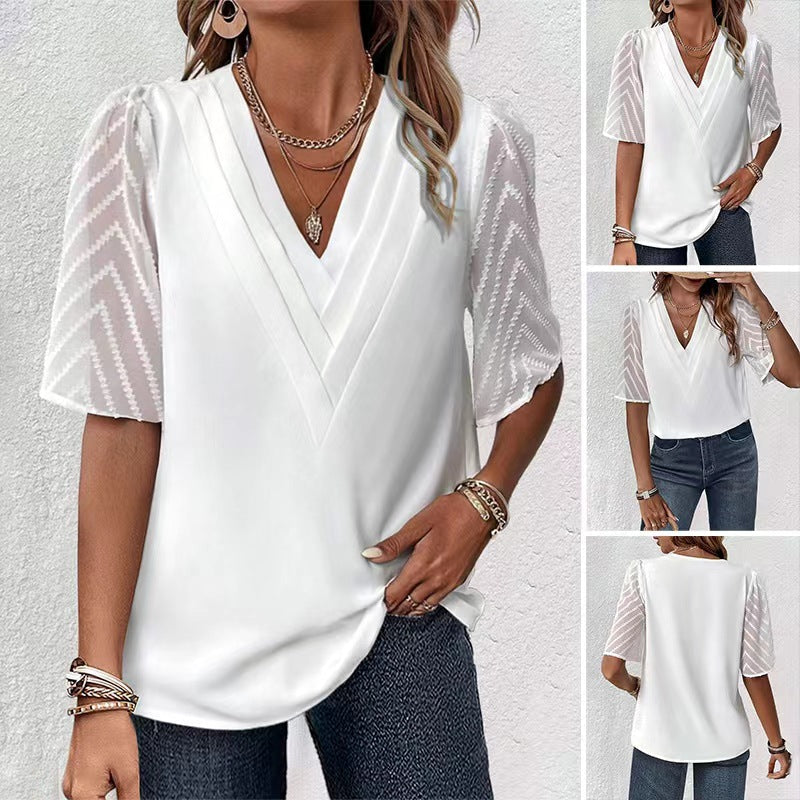 Damen nan elegantes Chiffon-Oberteil mit plissierter V-Passe und transparenten Zickzackärmeln R&B