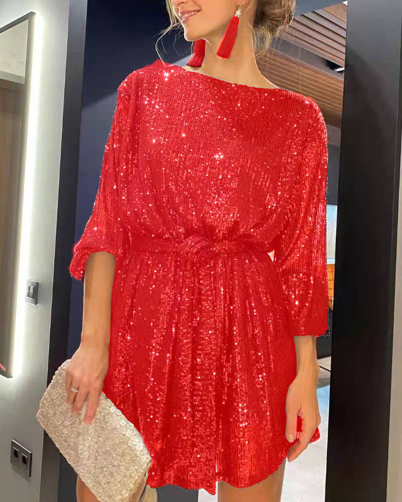 Damen Glamouröses Cocktailkleid mit funkelnden Lurex-Fäden und elastischem Taillengürtel R&B