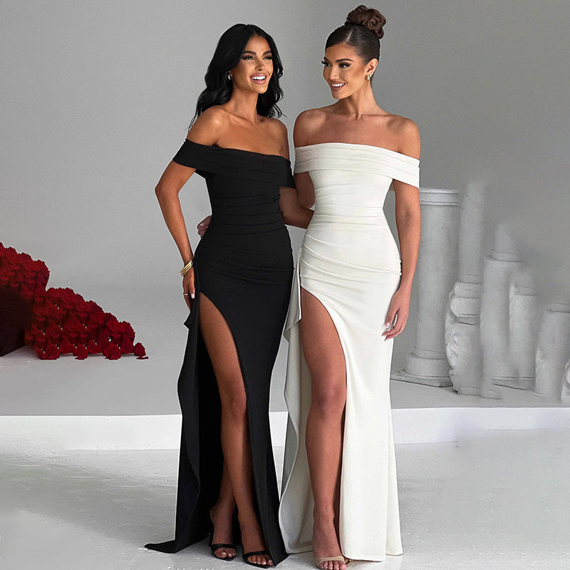 Damen Off-Shoulder Maxikleid mit hohem Schlitz und raffinierten Drapierungen R&B