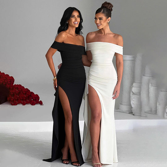 Damen Off-Shoulder Maxikleid mit hohem Schlitz und raffinierten Drapierungen R&B