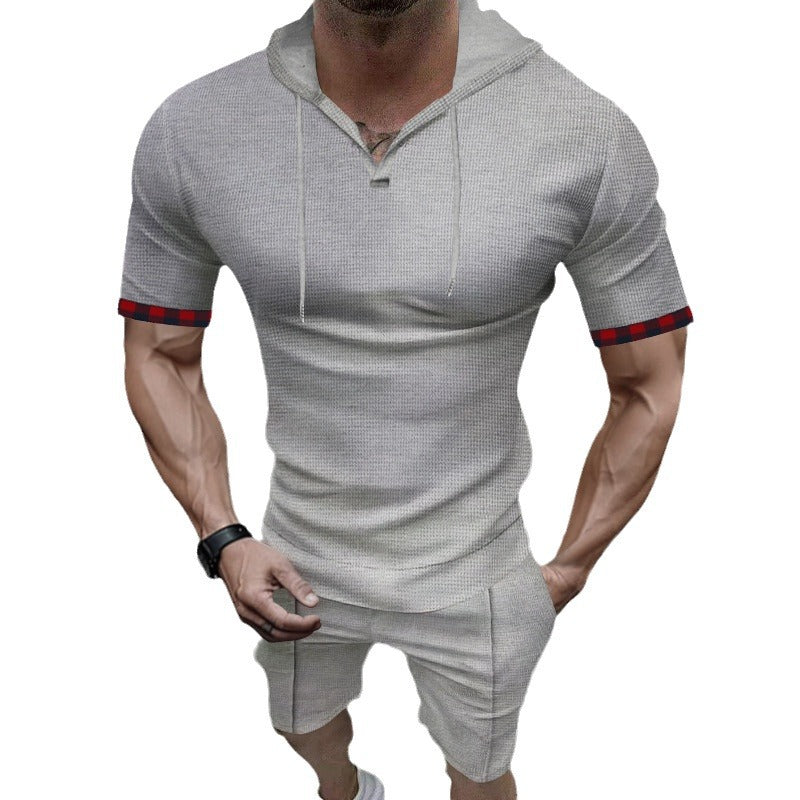 Herren sportliches Kurzarm-Hemden- und Shorts-Set mit Kapuze und kontrastierenden Ärmelabschlüssen