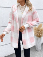 Damen Kuschelige Fleecejacke mit Karomuster und kapuziertem Design