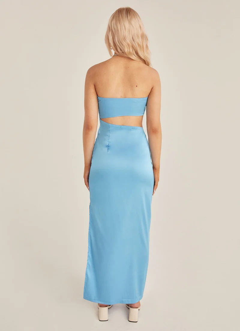 Damen asymmetrisches Maxikleid mit tiefem Rückenausschnitt und figurbetonter Silhouette R&B