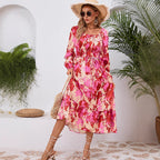 Damen Maxikleid mit floralem Design und elastischem Taillengürtel R&B