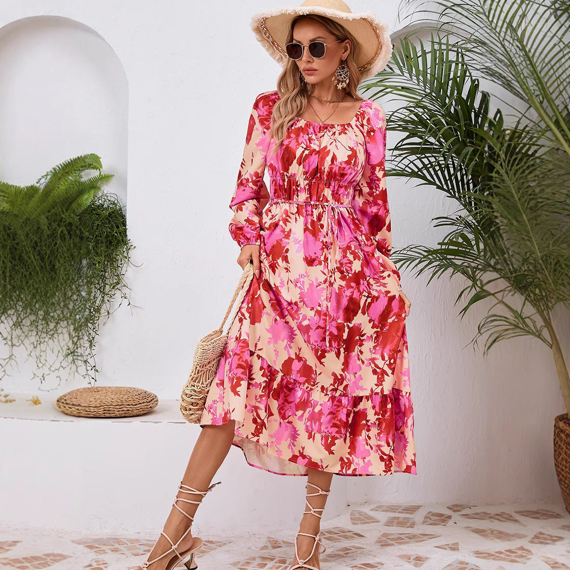 Damen Maxikleid mit floralem Design und elastischem Taillengürtel R&B