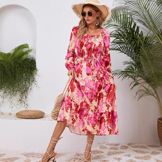 Damen Maxikleid mit floralem Design und elastischem Taillengürtel R&B
