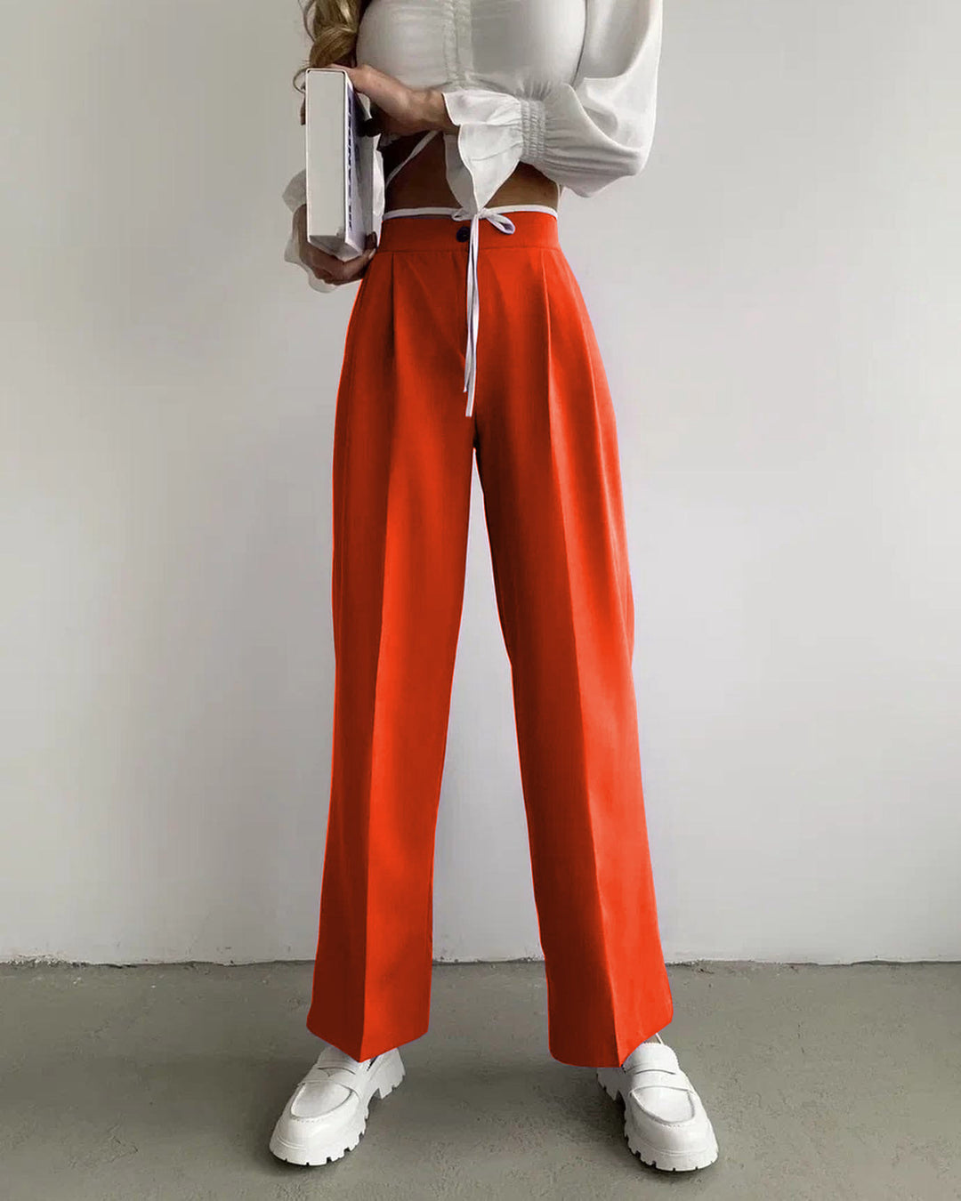 Damen weite klassische Hose mit hohem Bund und praktischen Bindegurten R&B