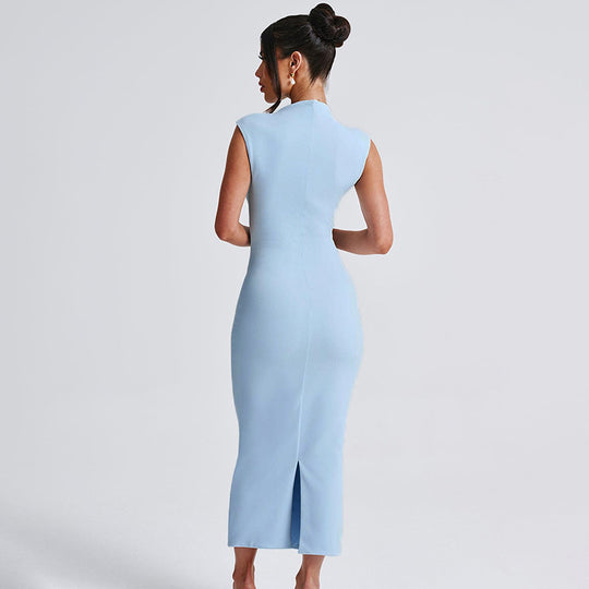 Damen figurbetontes Maxikleid mit elegantem Stehkragen R&B