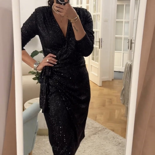Damen Glamouröses Pailletten-Kleid mit Wickeloptik und langen Ärmeln R&B