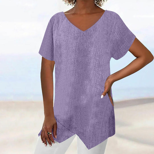 Damen lässige V-Ausschnitt Tunika mit asymmetrischem Saum R&B