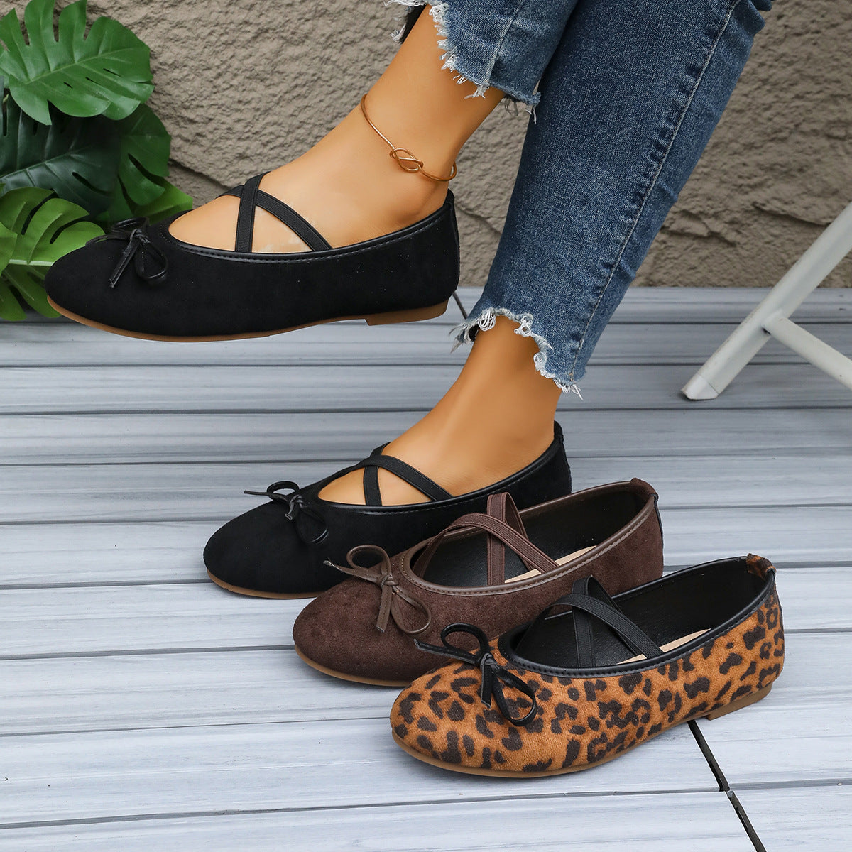 Damen Ballerinas mit verstellbarem Riemendesign und modischem Leopardenmuster R&B