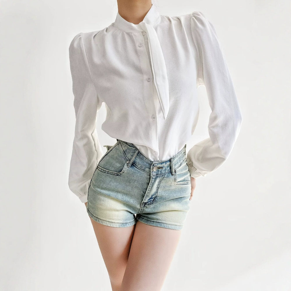Damen Bluse mit Bindegurt und eleganten Puffärmeln R&B