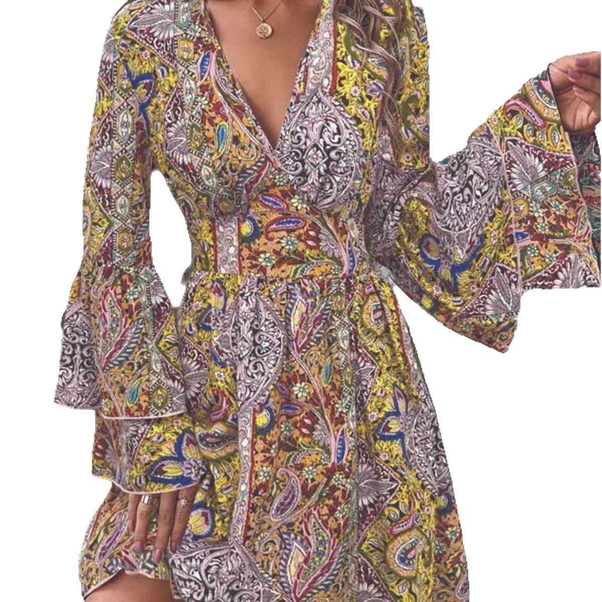 Damen V-Ausschnitt Kleid mit weiten Ärmeln und Paisleymuster R&B