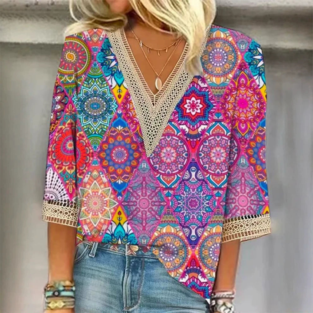 Damen nan locker fallende Mandala-Patchwork-Tunika mit tiefem V-Ausschnitt und Häkelspitzenbesatz R&B