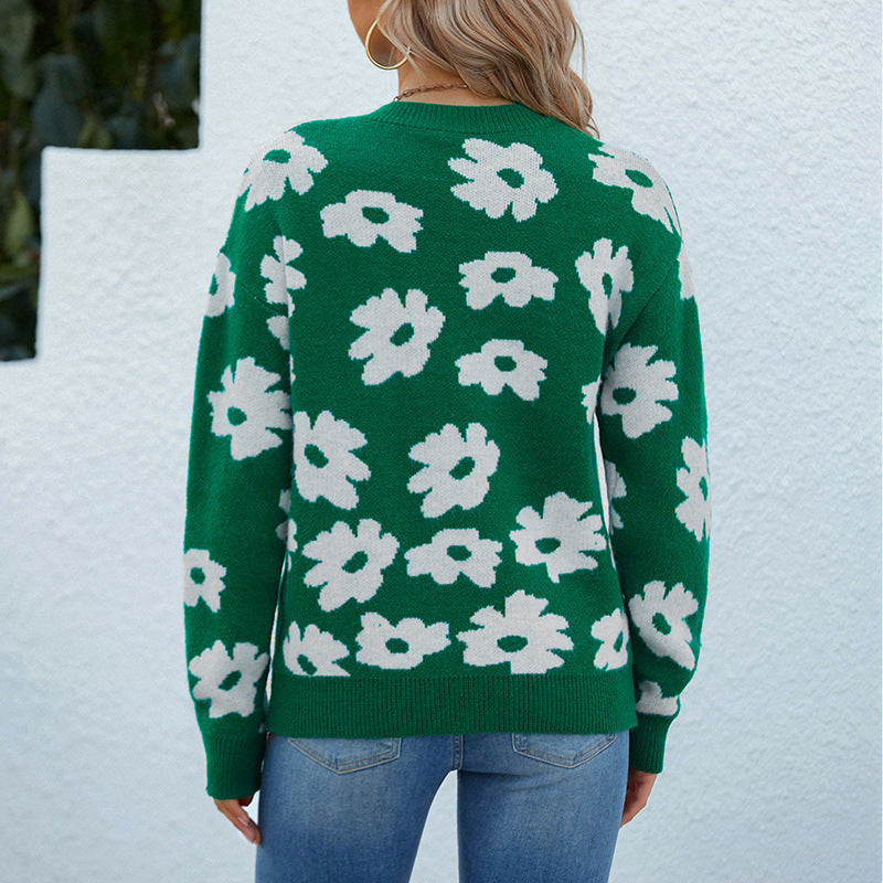 Damen Strickpullover mit floralem Muster und lockerem Schnitt