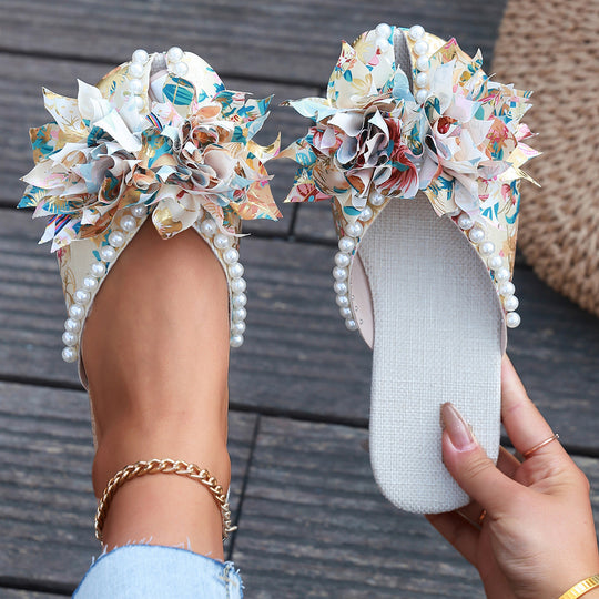 Damen Pantoletten mit floralem Design und eleganten Perlen R&B