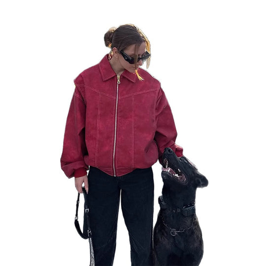 Damen Kunstlederjacke mit voluminösen Ärmeln und hohem Kragen R&B