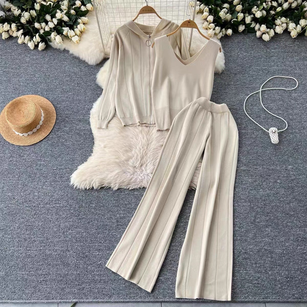 Damen modisches Strick-Loungewear-Set mit V-Ausschnitt und Kapuze R&B
