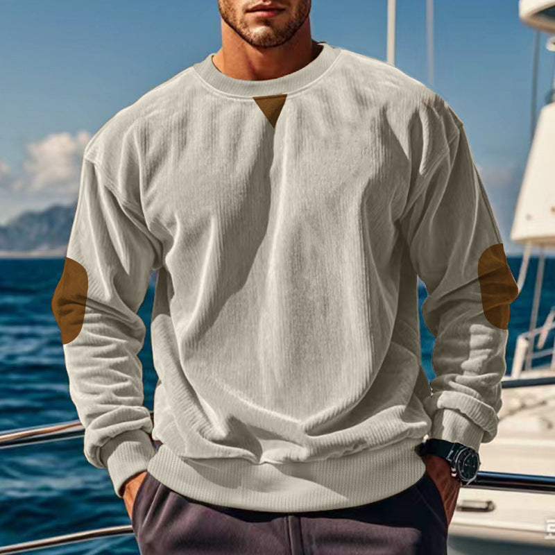 Herren nan gerippter Strickpullover mit Rundhalsausschnitt Ellbogen-Patches und Zierdreieck R&B