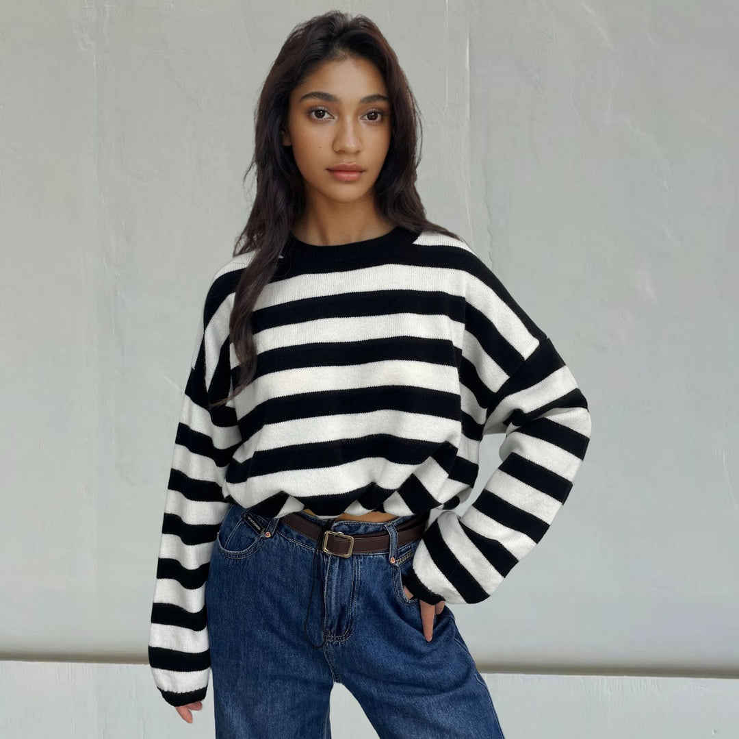 Damen Gemütlicher Ringelpullover mit lässigem Schnitt und tiefem Saum R&B