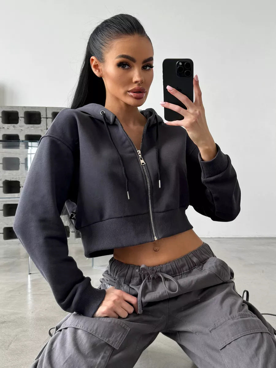 Damen Cropped Hoodie mit Reißverschluss und lässigem Schnitt R&B