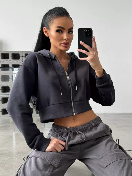 Damen Cropped Hoodie mit Reißverschluss und lässigem Schnitt R&B