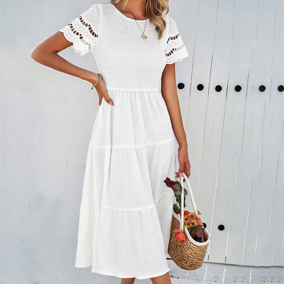 Damen Midikleid mit Puffärmeln und Elastischem Oberteil R&B