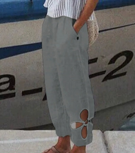Damen nan leichte Sommerhose mit elastischem Bund, gerafftem Knöchel und blütenförmiger Aussparung R&B
