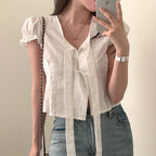 Damen kurzarm bluse mit dekorativen bindR&Bändern R&B