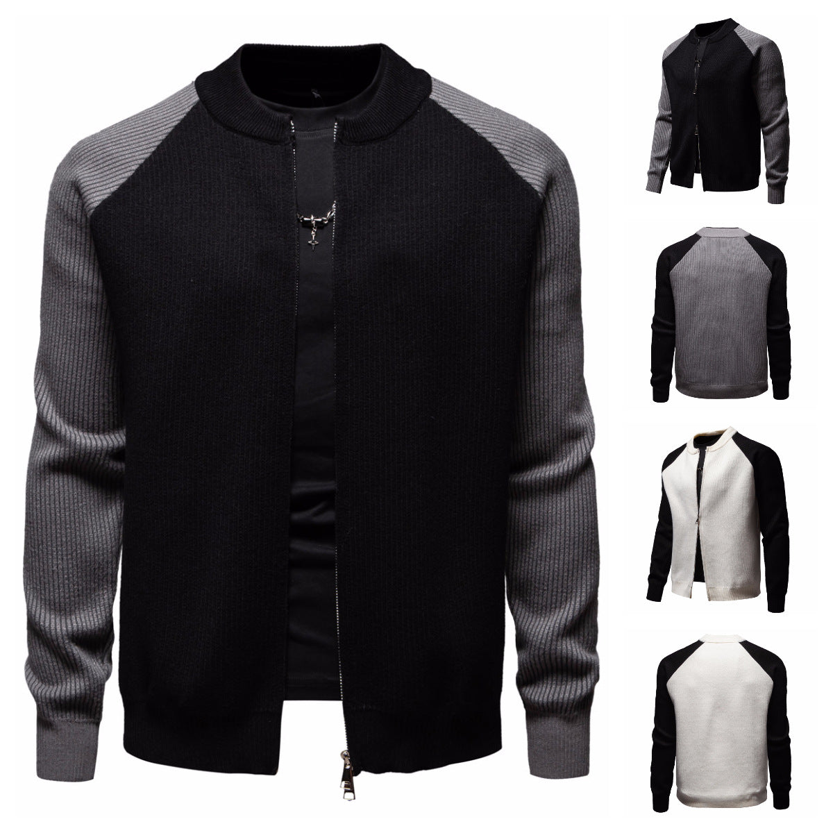 Herren modische Strickjacke mit durchgehendem Reißverschluss und kontrastierenden Ärmelstrukturen