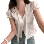Damen kurzarm bluse mit dekorativen bindR&Bändern R&B