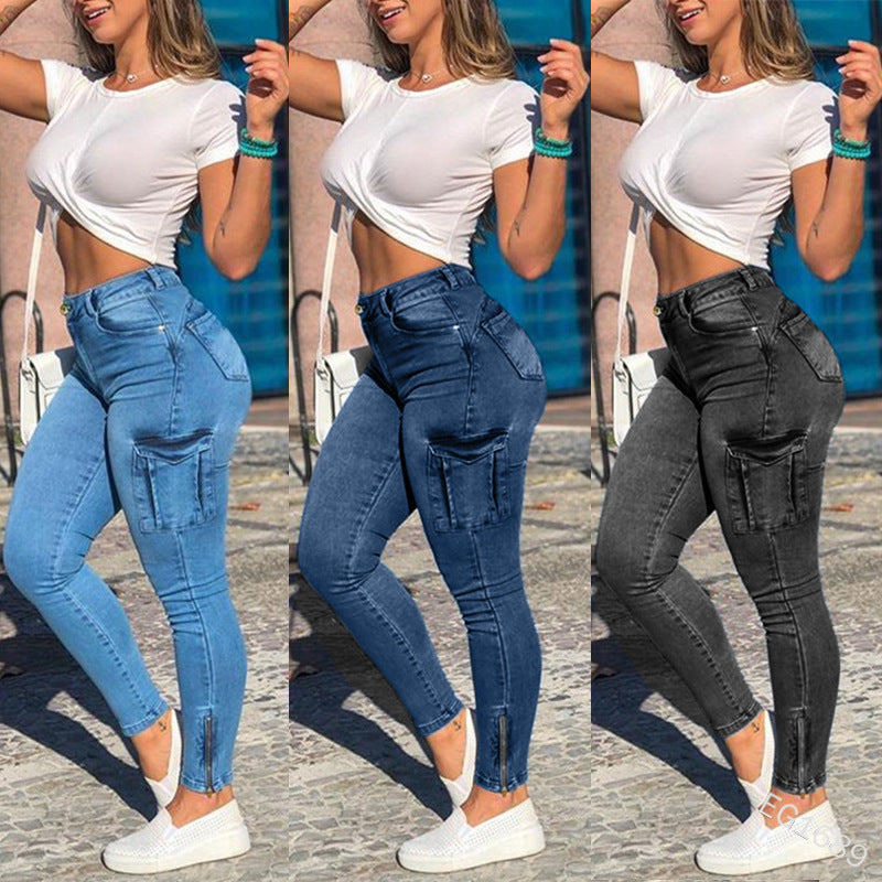 Damen modische Bleistiftjeans mit Cargo-Taschen R&B