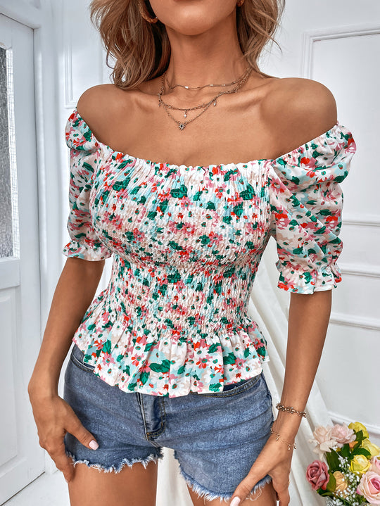 Damen Rüschentop mit Blumenmuster und schulterfreiem Design R&B