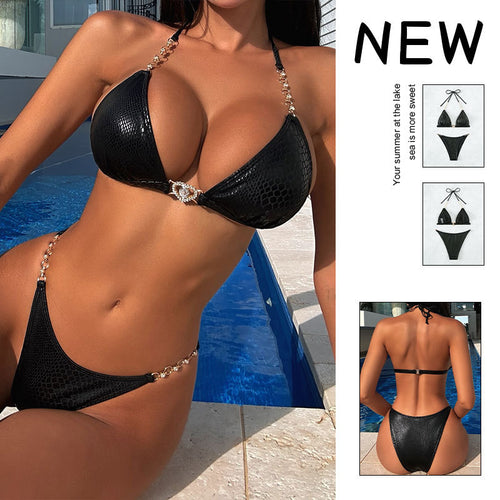 Damen Triangel-Bikini mit elegantem Schlangenprint und goldenen Akzenten R&B