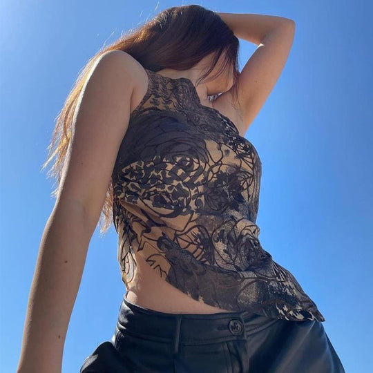Damen Transparentes Spitzenoberteil mit floralem Muster und asymmetrischem Saum R&B