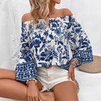 Damen Off-Shoulder Bluse mit floralen Stickereien und elastischem Bund R&B