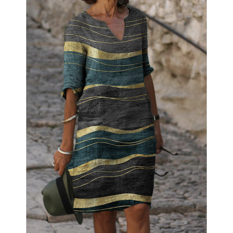 Damen Sommerliches Leinenkleid mit modernem Muster R&B