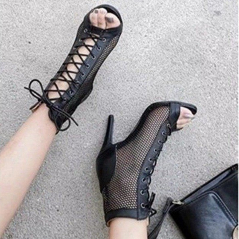 Damen Offene Zehen-Stiefeletten mit modischem Netzdesign und Schnürung R&B