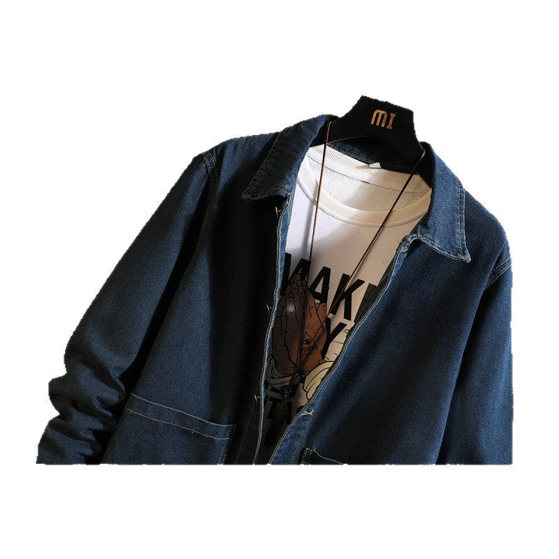 Herren nan langer Overshirt Mantel aus Denim mit Druckknopfleiste und aufgesetzten Taschen R&B