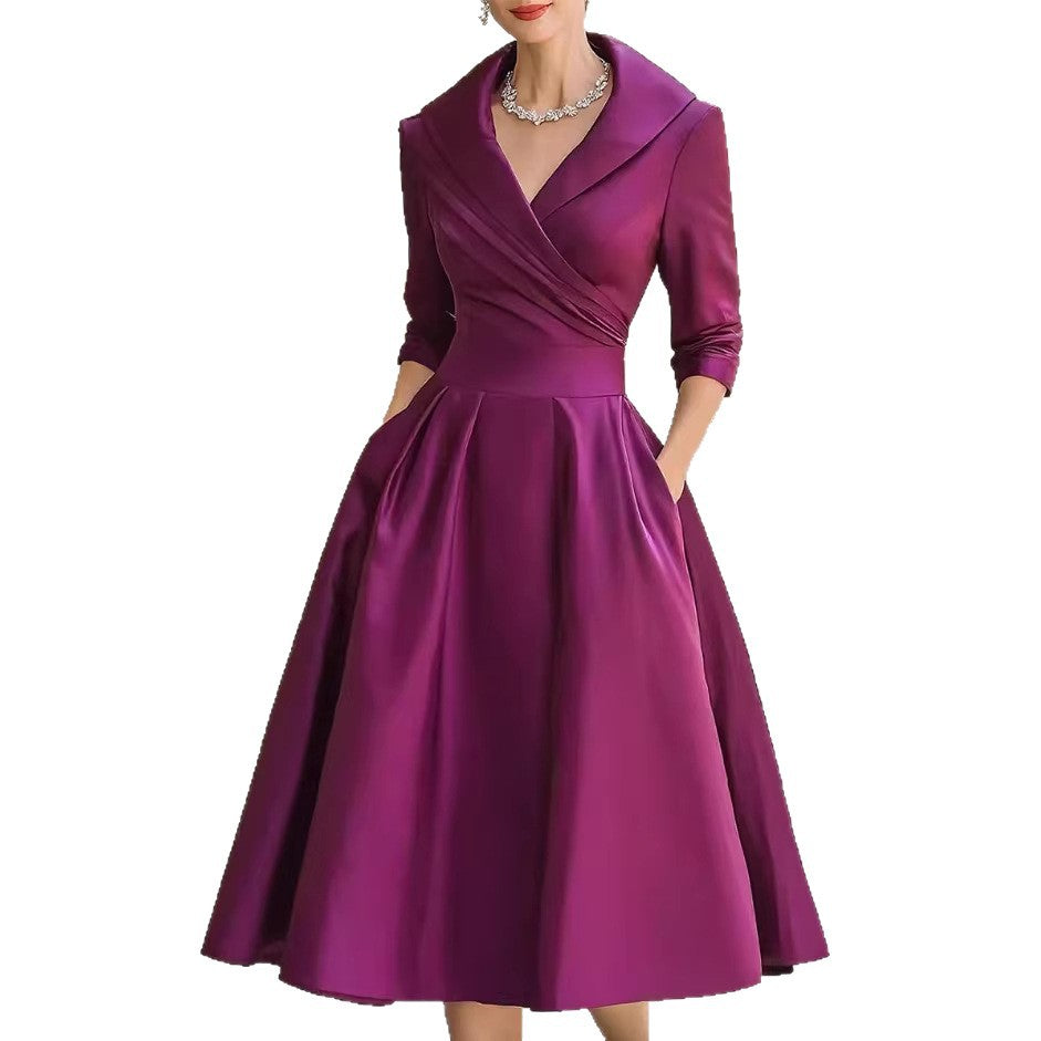 Damen nan elegantes Midikleid mit Wickeloberteil, Dreiviertelärmeln und Eingrifftaschen R&B
