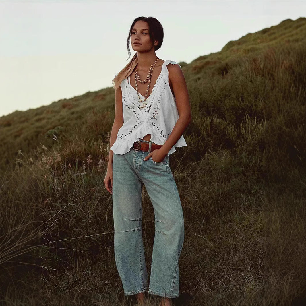 Damen Leichte Baumwollbluse mit romantischem Schnitt und Spitzendetails R&B
