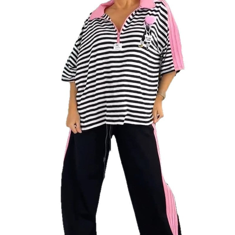 Damen Übergroßes Poloshirt mit gestreiftem Design und modischen Akzenten Heidi-Mode